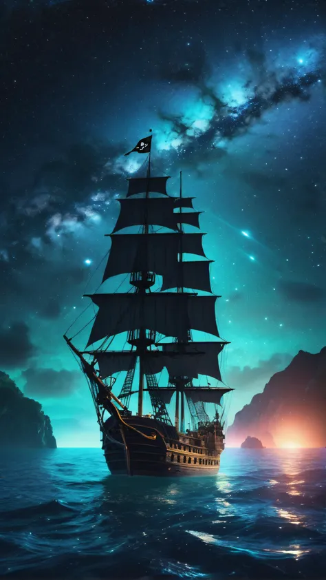 (Pirate ship sailing into a bioluminescence sea with a galaxy in the sky), epic, 4k, ultra,