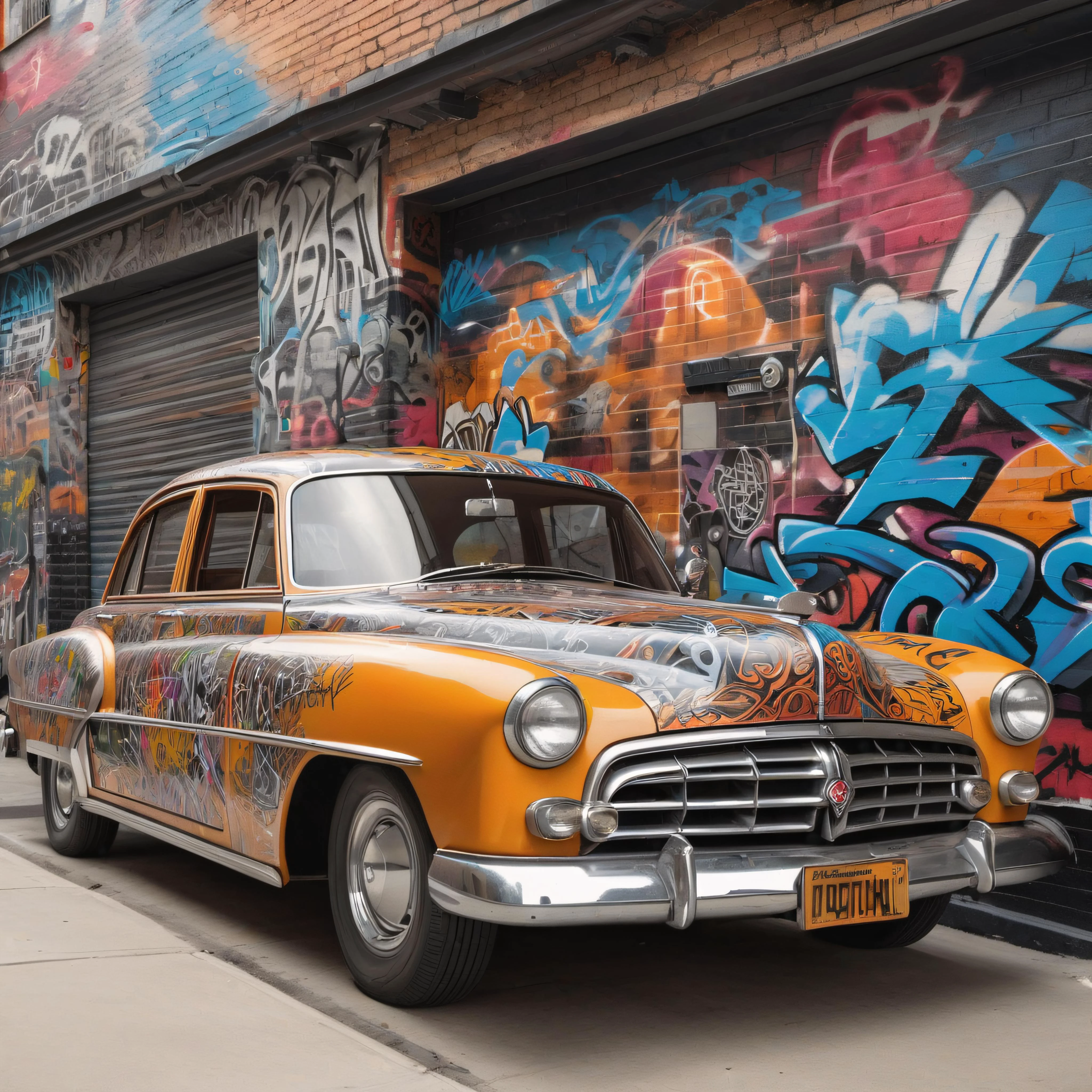 a realistic vintage car adorned with an intricate, graffiti-style mural, full wide view, highly detailed, 8