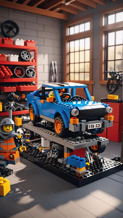 A Lego car in a garage scene, lego set, highly detailed, intricate, technical, unreal engine 5, 8k, --ar 3:2 --testp --upbeta