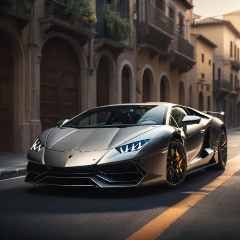 a Lamborghini sports, (detailed stunning environment), cinematic, cover art, (low front angle), full view of a sports car, intricate, highly detailed, smooth, sharp focus, cinematic lighting, atmospheric, photoreal, 8k, Canon EF 200-400mm f/4L IS USM Extender 1. 4x Lens, stan Winston studio