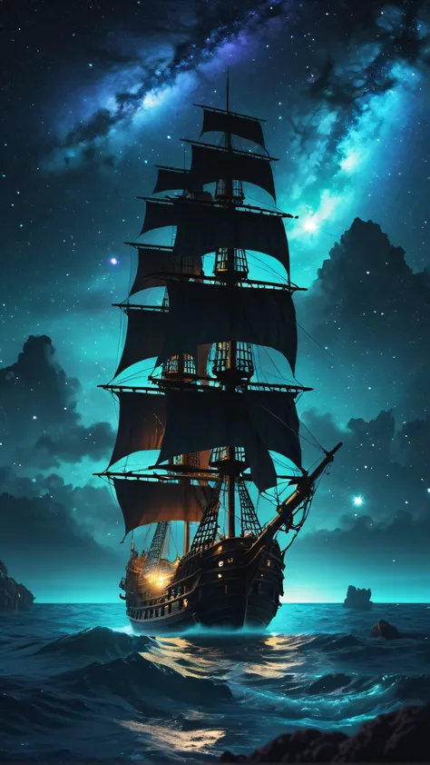 (Pirate ship sailing into a bioluminescence sea with a galaxy in the sky), epic, 4k, ultra,