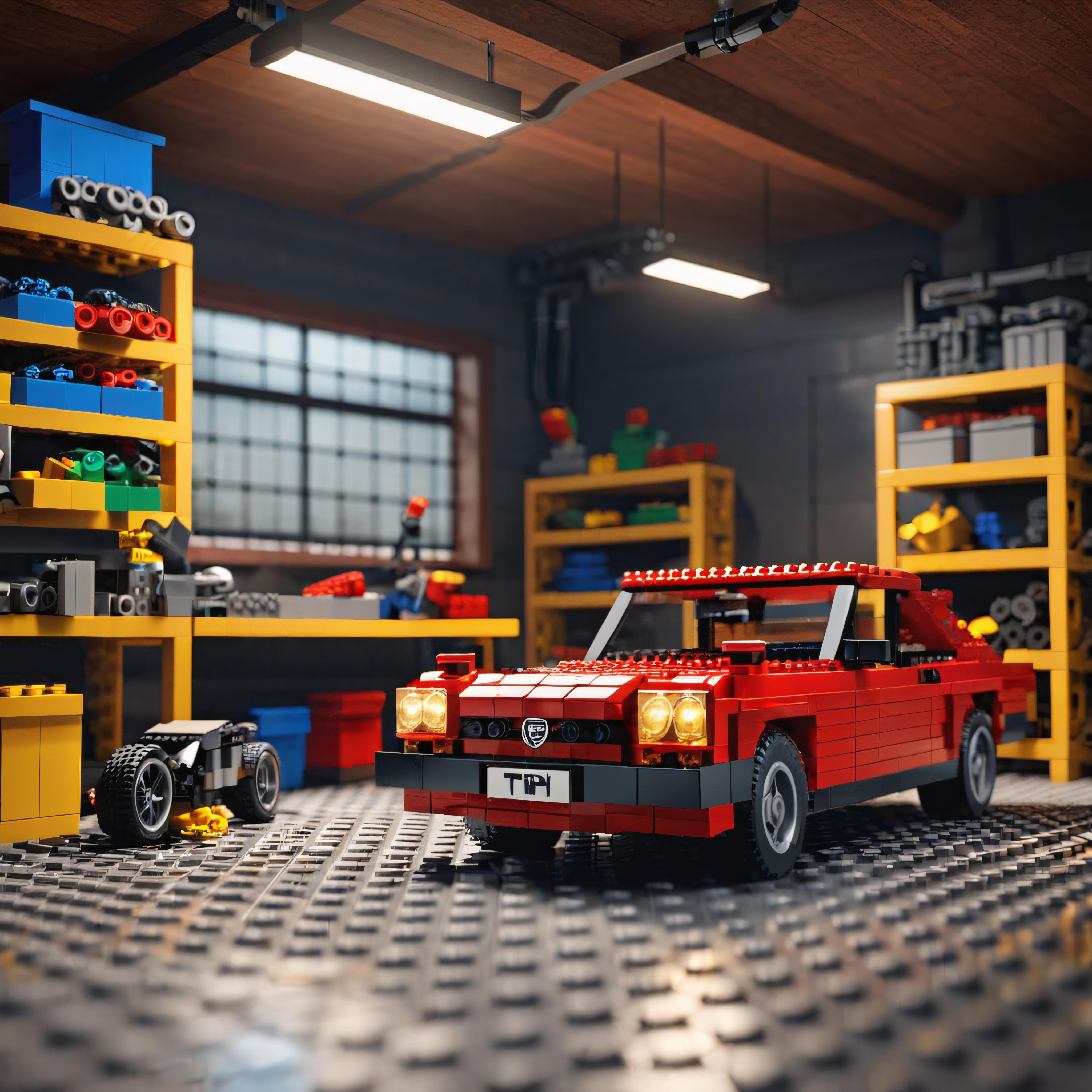 Lego car in a garage with a lego car and other toys - SeaArt AI