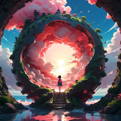 strybk, 3d, bright pink sun, coral cloud formed spiral. tunnel effect, sunrise, oil painting, heavy strokes, surreal, paint dripping, digital art, concept art, surrealistic anime style, kawaii, octane render, hyperdetailed, magic, fantasy, fairy. Genshin Impact, Neimy Kanani, raphael, makoto shinkai style, disney, Lois van Baarle (Loish), Ilya Kuvshinov, Ross Tran (aka Rossdraws), Studio Ghibli, James Gilleard, artstation, 4k, symmetrical, soft lighting, trending on artstation, intricate details, highly detailed, pencil drawing, sketching, unreal engine, kids story book style, muted colors, watercolor style <lora:ad detail more_art-full_v1.:0.7>