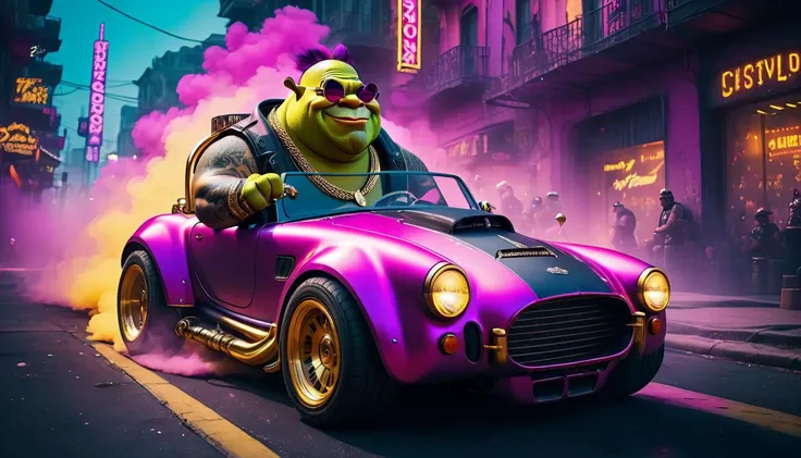 a very fat gangsta pimp (Shrek:1.3) with tattoos wearing sunglasses and gold chains driving in a shelby mini cobra car down a (cyberpunk:1.3) city street, punk rock aesthetics, insane level of detail, (tire smoke:1.2),