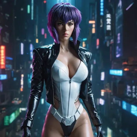 Kusanagi Motoko, Ghost in the Shell, (busty:1.3), white latex shirt, matte black shrug jacket, (punk hair), glowing neon lights, cinematic scene, hero view, action pose, masterpiece, best quality, high quality, absurdres, vivid, detailed skin texture, subsurface scattering, close up upper body
 <lora:kusanagi_motoko_xl_v1:1>   <lora:cyborg_style_xl-alpha:0.5>