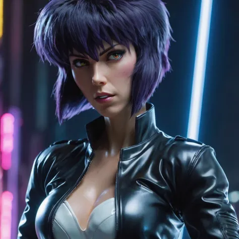 Kusanagi Motoko, Ghost in the Shell, (busty:1.3), white latex shirt, matte black shrug jacket, (punk hair), glowing neon lights, cinematic scene, hero view, action pose, masterpiece, best quality, high quality, absurdres, vivid, detailed skin texture, subsurface scattering, close up upper body
 <lora:kusanagi_motoko_xl_v1:1>   <lora:cyborg_style_xl-alpha:0.5>