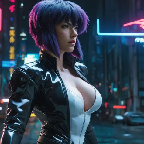 Kusanagi Motoko, Ghost in the Shell, (busty:1.3), white latex shirt, matte black shrug jacket, (punk hair), glowing neon lights, cinematic scene, hero view, action pose, masterpiece, best quality, high quality, absurdres, vivid, detailed skin texture, subsurface scattering, close up upper body
 <lora:kusanagi_motoko_xl_v1:1>