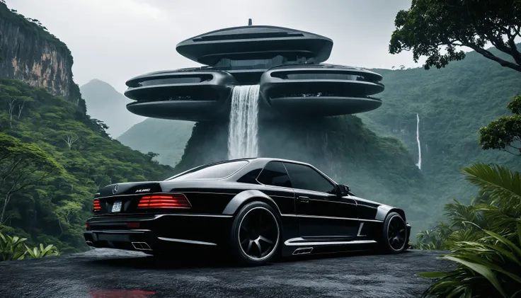 breathtaking cinematic photo of an awesome brute black mercedes 560 SEC AMG cyberpunk car, standing at a futuristic brutalist capsule building embedded in a tropical cliff, waterfall, trees, perspective, futuristic, science fiction, cinematic lighting, professional, high resolution, higly detailed, award-winning, realistic <lora:Drone_Cars_XL:0.5>