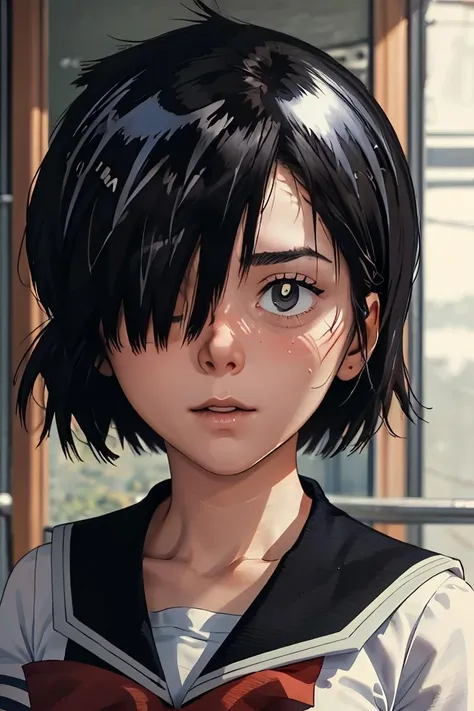 (masterpiece, best quality), 1girl, beautiful face, <lora:urabe_mikoto:1> urabewz,school uniform, serafuku, black eyes, pleated skirt, black hair, short hair, hair over one eye,