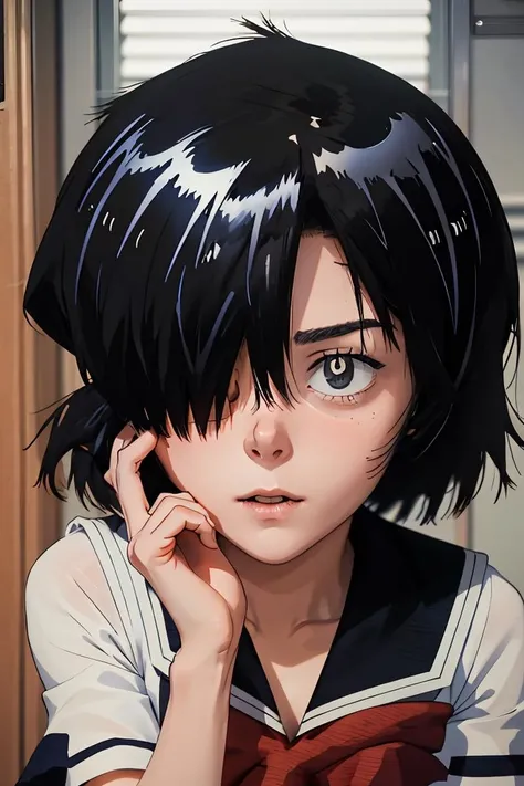 There is a young girl with black hair, White shirt and black collar, with small nose, 🤤 girl portrait, 8 K anime style, Photorealistic anime, close up of a young anime girl