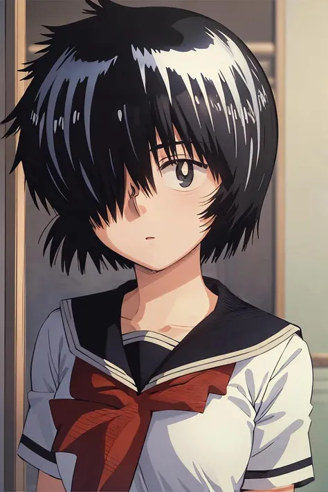 (masterpiece, best quality), 1girl, beautiful face, <lora:urabe_mikoto:1> urabewz,school uniform, serafuku, black eyes, pleated skirt, black hair, short hair, hair over one eye,