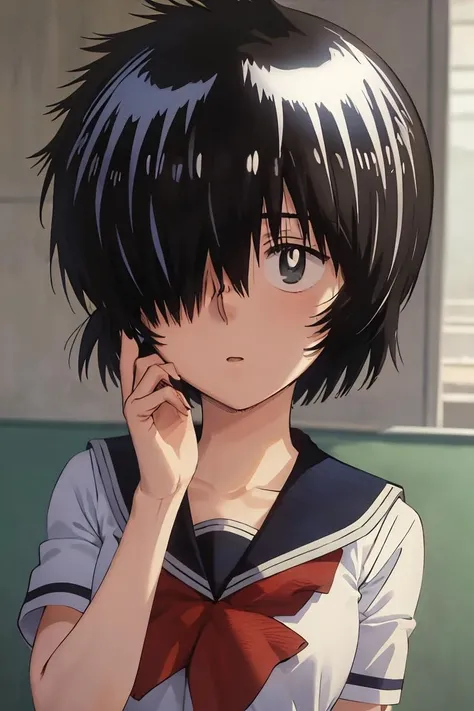 (masterpiece, best quality), 1girl, beautiful face,  <lora:urabe_mikoto:1> urabewz,school uniform, serafuku, black eyes, pleated skirt, black hair, short hair, hair over one eye,