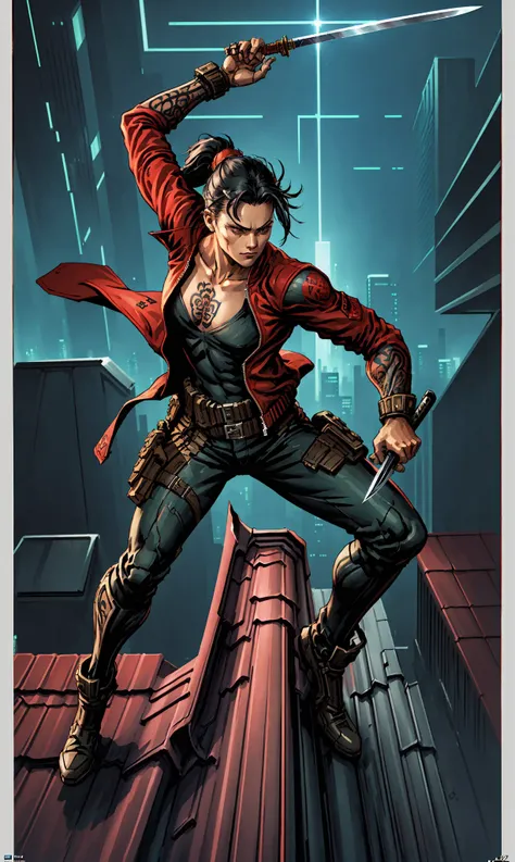 (((A young Asian girl:1.2))),(((solo:1.3))),(((Full-body:1.5))),(((A look of haughty disdain:1.2))), (((One hand held a long Japanese knife, one hand akimbo:1.4))),(((she was wearing a V-neck gelcoat:1.2))),(((Flat bangs:1.1))),(((Black hair neat and flat bangs ponytail:1.3))),(((Wearing an open red bomber jacket to reveal a tattoo on his chest:1.4))),(Tactical leg banding:1.4),3D,hyperrealism,cinematic,clear facial features,character concept art ,high detail,hyper quality,FHD,8K,((masterpiece, best quality;1.3)), ultra detailed, 8k unity wallpapers, CG, illustration, colorful, cinematic shadow, extremely detailed and beautiful background,vhd, shadering VRay,RTX,(realistic:1.5),masterpiece, best quality, 8k wallpaper, highly detailed, illustration,detailed eyes, intricate filigree, (((dynamic pose:1.5))), floating hair,shinkawa youji, metal gear solid, solid snake, gradient, retro artstyle, Simple background, white background,solo, (masterpiece),(best quality),(ultra-detailed), (full body:1.2),raw photo,1 girl,Battle Maiden, Katana,robot arm, Long hair, right arm forward, colorful, game character design, concept design,(((roof:1.2))),(((high angle view))),(((At night on the roof of the metropolis, cyberpunk, high-rise, bustling city lights:1.2))),
<lora:meiman:0.4> ,<lora:MixDLCForFishMix23314_23314:0.4>, <lora:yojiShinkawaStyle_offset:0.4>.