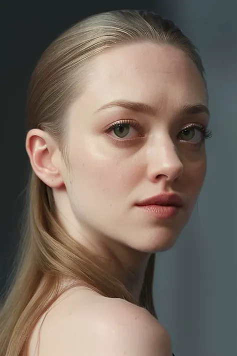 (CR-Amand4Seyfried-Regulus88:0.99), photo of woman, grey background, (undercut hair:1.0), (oiled shiny skin:1.0), (tilted angle shot:1.0),