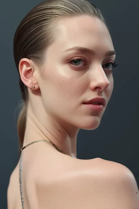(CR-Amand4Seyfried-Regulus88:0.9), photo of woman, grey background, (slick undercut hair:1.0), (oiled shiny skin:1.0), (tilted angle shot:1.0),