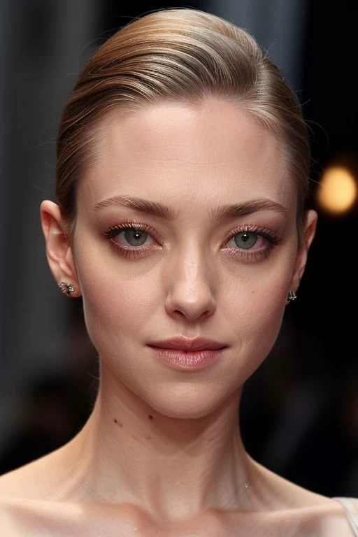 (CR-Amand4Seyfried-Regulus88:0.9), face closeup photo of woman, grey background, (slick undercut hair:1.0), (oiled shiny skin:1.0), soft lighting, (tilted angle shot:1.1),