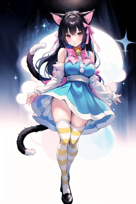 absurdres, best quality, 1girl, solo, <lyco:GoodHands-beta2:0.7>, black eyes, black hair, long hair, large breasts,  <lora:ahCat:1>, ahCat, blue theme, cat ears, blue dress, sleeveless dress, pink ribbon, large ribbon, striped thighhighs, detached sleeves, collar, jingle bell