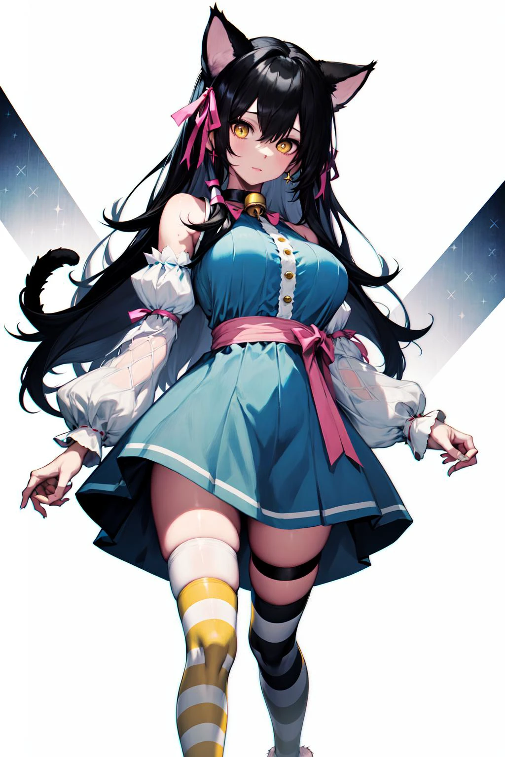 absurdres, best quality, 1girl, solo, <lyco:GoodHands-beta2:0.7>, yellow eyes, black hair, long hair, large breasts, <lora:ahCat:1>, ahCat, blue theme, cat ears, blue dress, sleeveless dress, pink ribbon, large ribbon, striped thighhighs, detached sleeves, collar, jingle bell