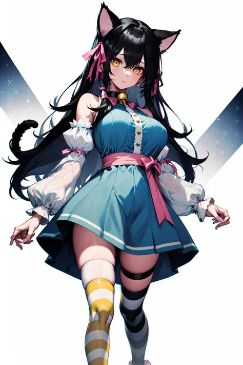 absurdres, best quality, 1girl, solo, <lyco:GoodHands-beta2:0.7>, yellow eyes, black hair, long hair, large breasts,  <lora:ahCat:1>, ahCat, blue theme, cat ears, blue dress, sleeveless dress, pink ribbon, large ribbon, striped thighhighs, detached sleeves, collar, jingle bell