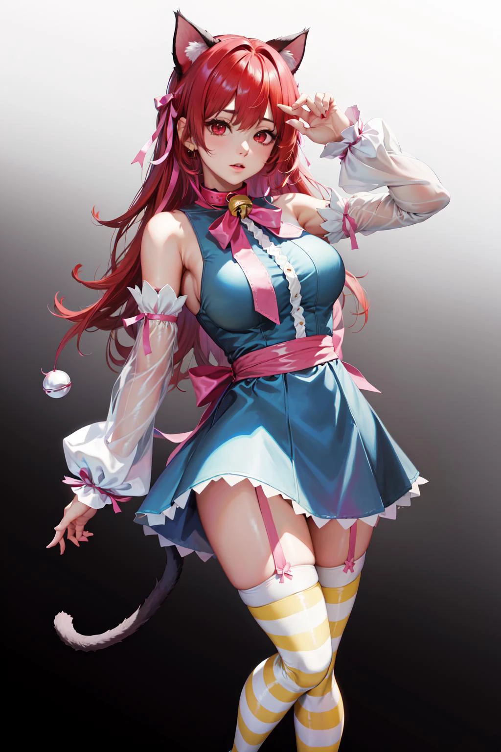 absurdres, best quality, 1girl, solo, <lyco:GoodHands-beta2:0.7>, red eyes, red hair, long hair, large breasts, <lora:ahCat:1>, ahCat, blue theme, cat ears, blue dress, sleeveless dress, pink ribbon, large ribbon, striped thighhighs, detached sleeves, collar, jingle bell
