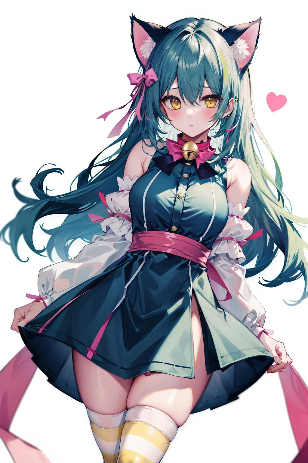 absurdres, best quality, 1girl, solo, <lyco:GoodHands-beta2:0.7>, yellow eyes, green hair, long hair, large breasts, <lora:ahCat:1>, ahCat, blue theme, cat ears, blue dress, sleeveless dress, pink ribbon, large ribbon, striped thighhighs, detached sleeves, collar, jingle bell