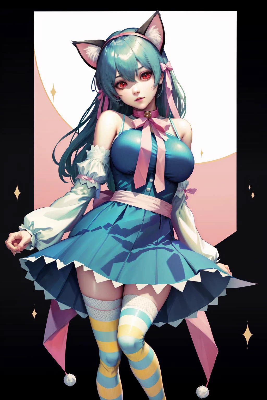 absurdres, best quality, 1girl, solo, <lyco:GoodHands-beta2:0.7>, red eyes, green hair, long hair, large breasts, <lora:ahCat:1>, ahCat, blue theme, cat ears, blue dress, sleeveless dress, pink ribbon, large ribbon, striped thighhighs, detached sleeves, collar, jingle bell