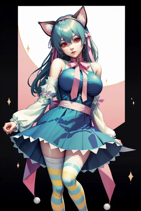 absurdres, best quality, 1girl, solo, <lyco:GoodHands-beta2:0.7>, red eyes, green hair, long hair, large breasts,  <lora:ahCat:1>, ahCat, blue theme, cat ears, blue dress, sleeveless dress, pink ribbon, large ribbon, striped thighhighs, detached sleeves, collar, jingle bell