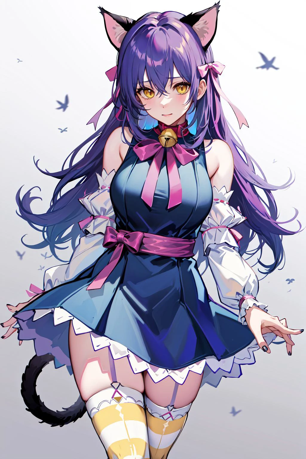 absurdres, best quality, 1girl, solo, <lyco:GoodHands-beta2:0.7>, yellow eyes, purple hair, long hair, large breasts, <lora:ahCat:1>, ahCat, blue theme, cat ears, blue dress, sleeveless dress, pink ribbon, large ribbon, striped thighhighs, detached sleeves, collar, jingle bell
