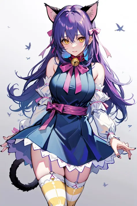 absurdres, best quality, 1girl, solo, <lyco:GoodHands-beta2:0.7>, yellow eyes, purple hair, long hair, large breasts,  <lora:ahCat:1>, ahCat, blue theme, cat ears, blue dress, sleeveless dress, pink ribbon, large ribbon, striped thighhighs, detached sleeves, collar, jingle bell