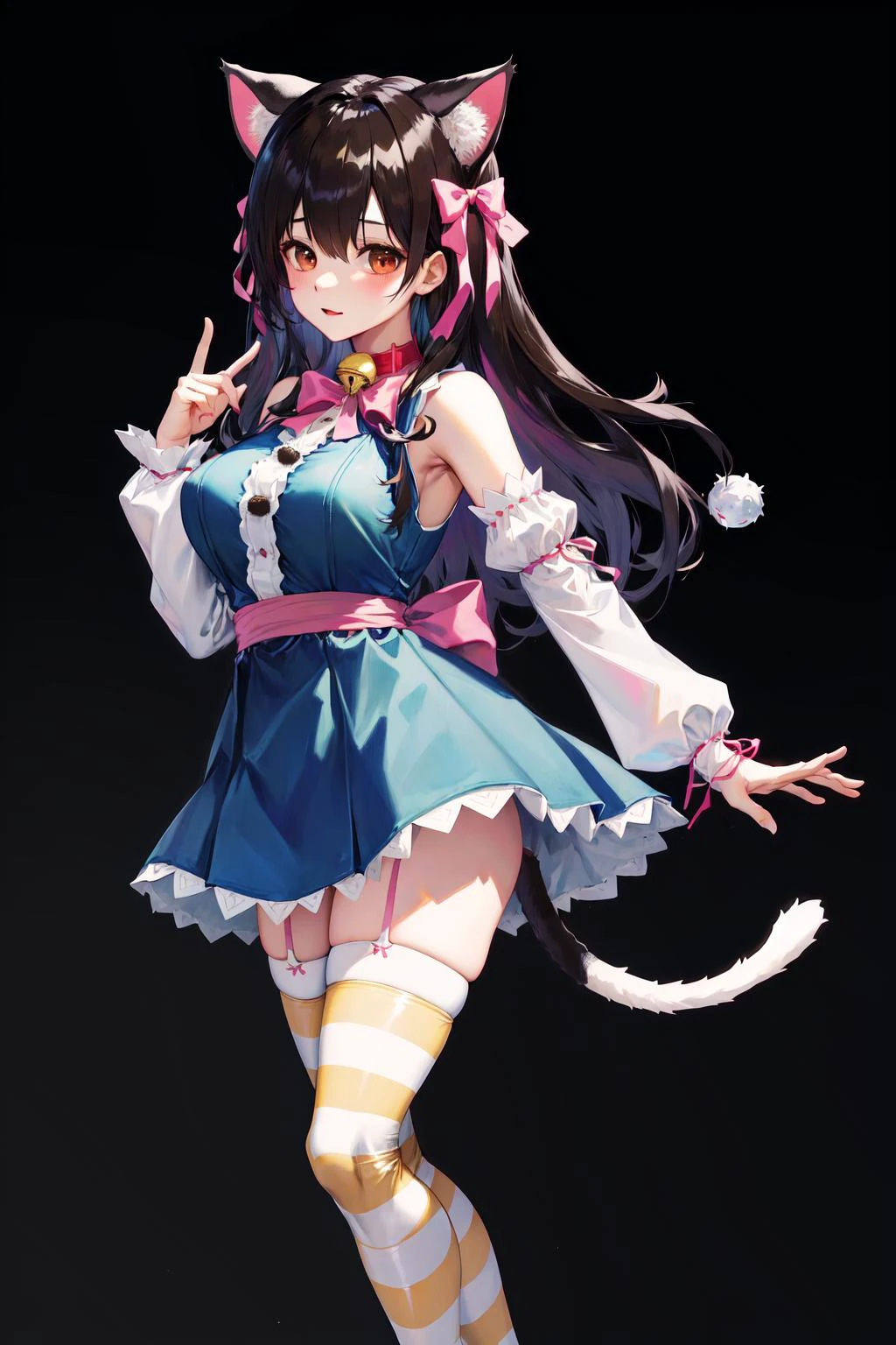 absurdres, best quality, 1girl, solo, <lyco:GoodHands-beta2:0.7>, brown eyes, black hair, long hair, large breasts, <lora:ahCat:1>, ahCat, blue theme, cat ears, blue dress, sleeveless dress, pink ribbon, large ribbon, striped thighhighs, detached sleeves, collar, jingle bell