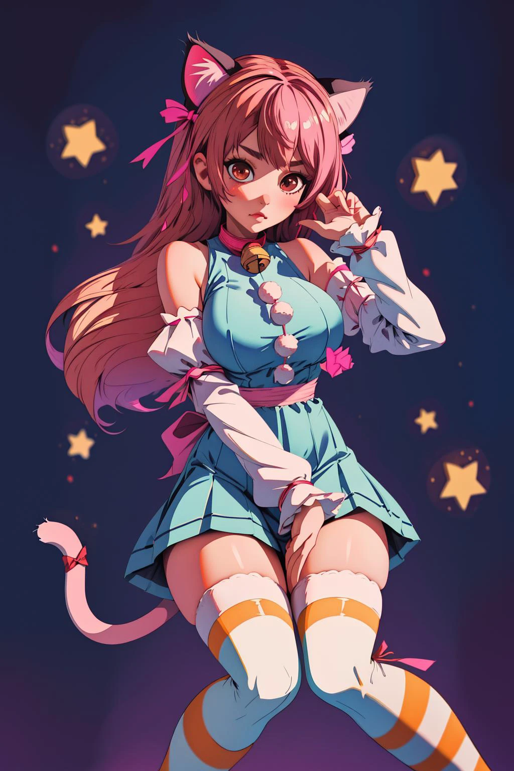 absurdres, best quality, 1girl, solo, <lyco:GoodHands-beta2:0.7>, brown eyes, pink hair, long hair, large breasts, <lora:ahCat:1>, ahCat, blue theme, cat ears, blue dress, sleeveless dress, pink ribbon, large ribbon, striped thighhighs, detached sleeves, collar, jingle bell