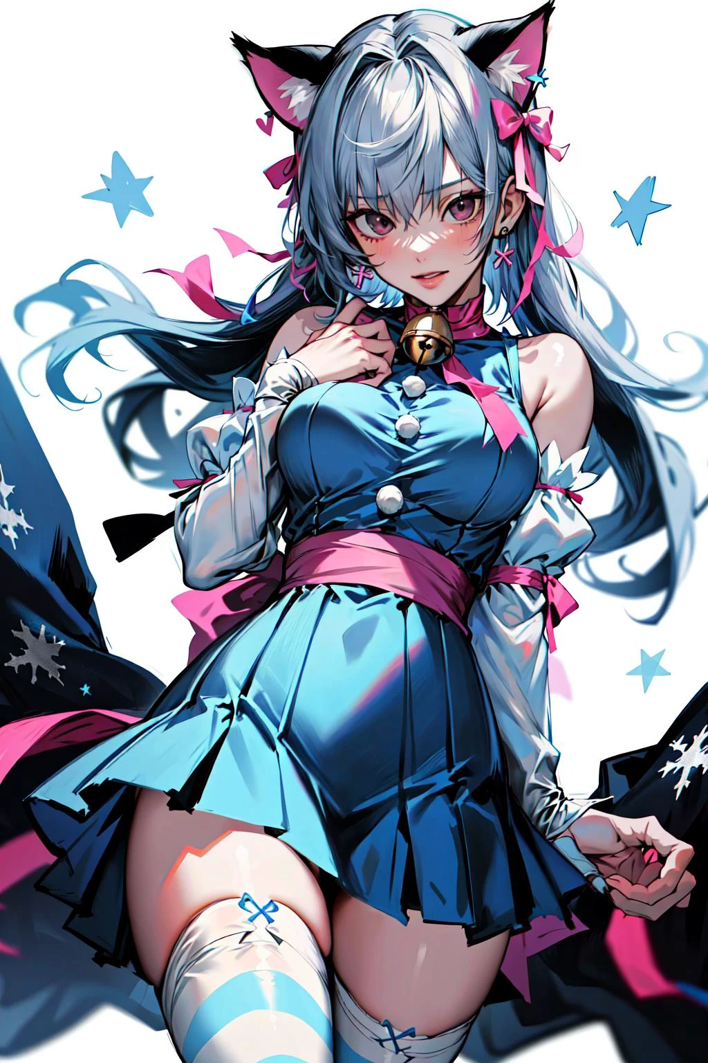 absurdres, best quality, 1girl, solo, <lyco:GoodHands-beta2:0.7>, black eyes, white hair, long hair, large breasts, <lora:ahCat:1>, ahCat, blue theme, cat ears, blue dress, sleeveless dress, pink ribbon, large ribbon, striped thighhighs, detached sleeves, collar, jingle bell
