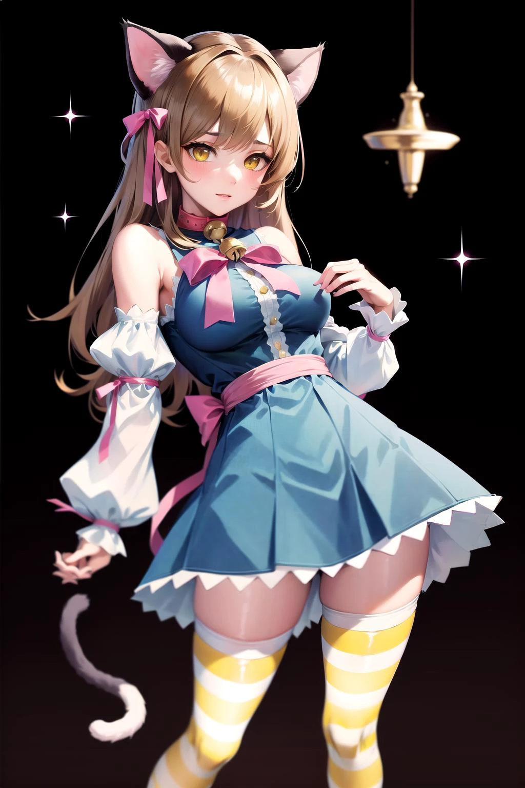 absurdres, best quality, 1girl, solo, <lyco:GoodHands-beta2:0.7>, yellow eyes, brown hair, long hair, large breasts, <lora:ahCat:1>, ahCat, blue theme, cat ears, blue dress, sleeveless dress, pink ribbon, large ribbon, striped thighhighs, detached sleeves, collar, jingle bell