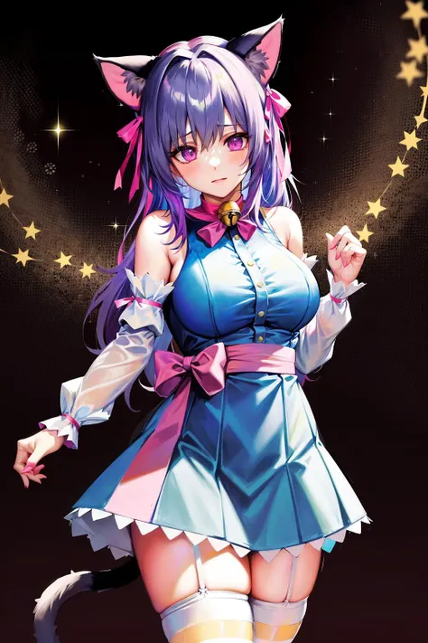 absurdres, best quality, 1girl, solo, <lyco:GoodHands-beta2:0.7>, purple eyes, white hair, long hair, large breasts, <lora:ahCat:1>, ahCat, blue theme, cat ears, blue dress, sleeveless dress, pink ribbon, large ribbon, striped thighhighs, detached sleeves, collar, jingle bell