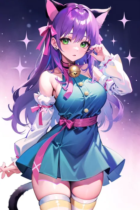 absurdres, best quality, 1girl, solo, <lyco:GoodHands-beta2:0.7>, green eyes, purple hair, long hair, large breasts, <lora:ahCat:1>, ahCat, blue theme, cat ears, blue dress, sleeveless dress, pink ribbon, large ribbon, striped thighhighs, detached sleeves, collar, jingle bell