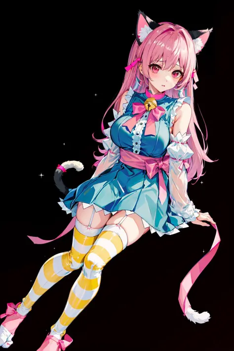 absurdres, best quality, 1girl, solo, <lyco:GoodHands-beta2:0.7>, black eyes, pink hair, long hair, large , <lora:ahCat:1>, ahCat, blue theme, cat ears, blue dress, sleeveless dress, pink ribbon, large ribbon, striped thighhighs, detached sleeves, collar, jingle bell