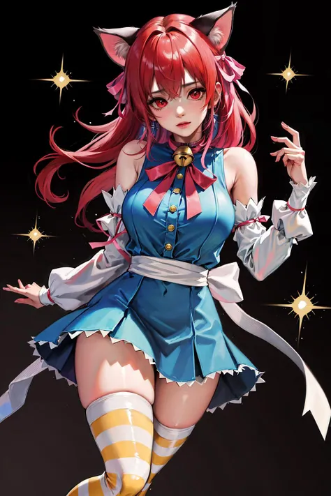 absurdres, best quality, 1girl, solo, <lyco:GoodHands-beta2:0.7>, red eyes, red hair, long hair, large breasts, <lora:ahCat:1>, ahCat, blue theme, cat ears, blue dress, sleeveless dress, pink ribbon, large ribbon, striped thighhighs, detached sleeves, collar, jingle bell