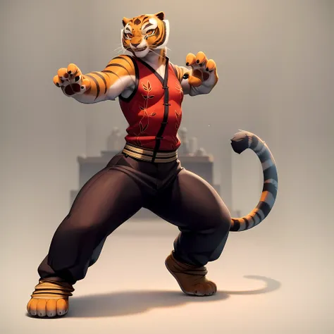 ((masterpiece, best quality)),(complex light),full body of tigress ,1girl, solo, furry female , anthro tiger,no humans,pants, <lora:Tigress1-10:0.8>, standing, fighting stance, tiger tail