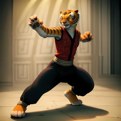 ((masterpiece, best quality)),(complex light),full body of tigress ,1girl, solo, furry female , anthro tiger,no humans,pants, <lora:Tigress1-10:0.8>, standing, fighting stance,