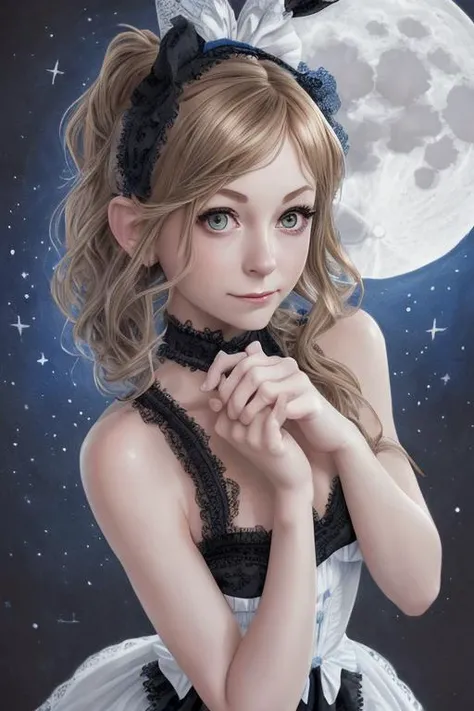 moon light, smile adult bunny girl, <lora:ds_emilykinney:0.7> ds_emilykinney:1, , blue messy hair, black eyes, black and white lace maid costume with diamond accessory, Beautiful girl, perfect detailed faces, whimsical faces, charming poses, bewitching poses, dynamic poses, ink drawing coloring pages for adults, medium length poses, tall portraits, Stunning realistic painting, ultra-detailed photograph, light brown hair, 8k resolution, 3D rendering, octane rendering, ultra-sharp focus, no clothes, perfect body, full body, 486D, 486E cup, 8 life-size, 8k Resolution