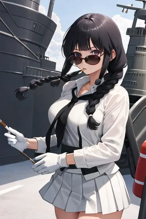 best quality, masterpiece, highres, solo, {black business suit:1.40}, {tie:1.20}, {sunglasses:1.25}, {white gloves:1.15}, {white shirt:1.10}, {black skirt:1.15}, {smoking:1.20}, handsome, {kitakami_kantaicollection:1.15}, long_hair, black_hair, braid, bangs, single_braid, blunt_bangs, sidelocks, serafuku, purple_eyes