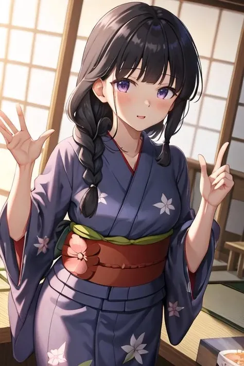 best quality, masterpiece, highres, solo, {yukata:1.40}, {kimono:1.20}, {kitakami_kantaicollection:1.15}, long_hair, black_hair, braid, bangs, single_braid, blunt_bangs, sidelocks, serafuku, purple_eyes