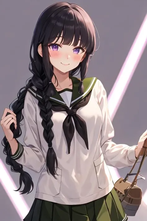 best quality, masterpiece, highres, solo, {kitakami_kantaicollection:1.15}, long_hair, black_hair, braid, bangs, single_braid, blunt_bangs, sidelocks, serafuku, purple_eyes, 1girl, looking_at_viewer, school_uniform, simple_background, blush, smile, white_background, hair_over_shoulder, upper_body