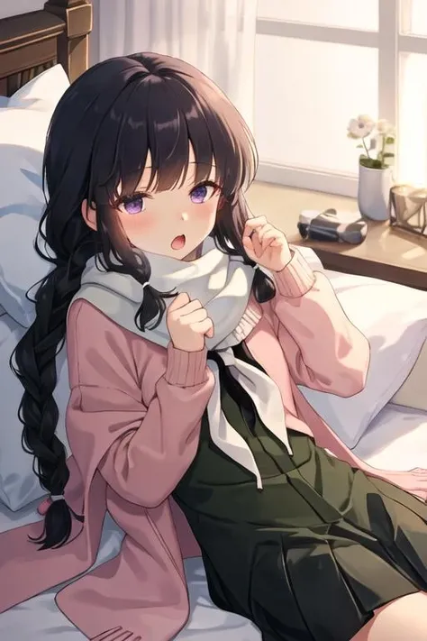best quality, masterpiece, highres, solo, {kitakami_kantaicollection:1.15}, long_hair, black_hair, braid, bangs, single_braid, blunt_bangs, sidelocks, serafuku, purple_eyes, 1girl, blanket, chibi, closed_eyes, open_mouth, hair_ribbon, =_=, pillow, scarf, sleeping