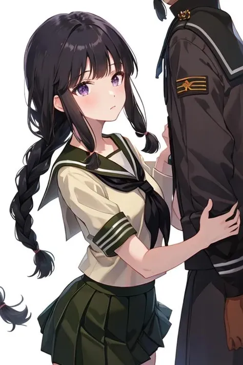 best quality, masterpiece, highres, solo, {kitakami_kantaicollection:1.15}, long_hair, black_hair, braid, bangs, single_braid, blunt_bangs, sidelocks, serafuku, purple_eyes, 1girl, black_neckerchief, hair_ribbon, looking_at_viewer, neckerchief, pleated_skirt, ribbon, sailor_collar, school_uniform, simple_background, skirt, white_background, green_sailor_collar, green_skirt, black_eyes, cowboy_shot, tress_ribbon