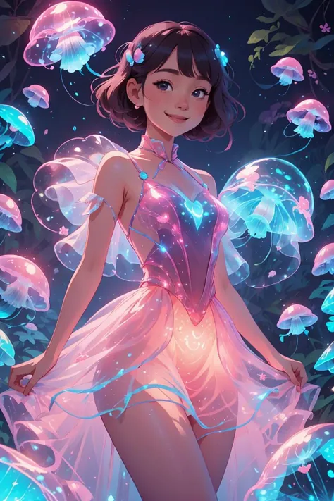 breathtaking anime style beautiful woman wearing a Sweet Pink (bioluminescent dress) <lora:xl_bioluminescent_dress-1.0:0.8>, Pandemic, Arching, Fish-Eye Lens, from above, . award-winning, professional, highly detailed
