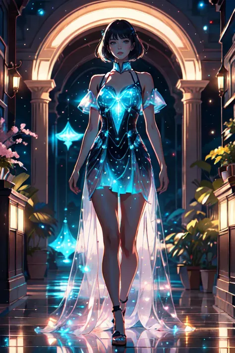 breathtaking 8k, masterpiece, beautiful mature woman, bioluminescent dress, ((very dark, high contrast)), glow, (bloom), looking at viewer, (full body), slight smile, bob cut, <lora:bioluminescent_dress-1.0:1>