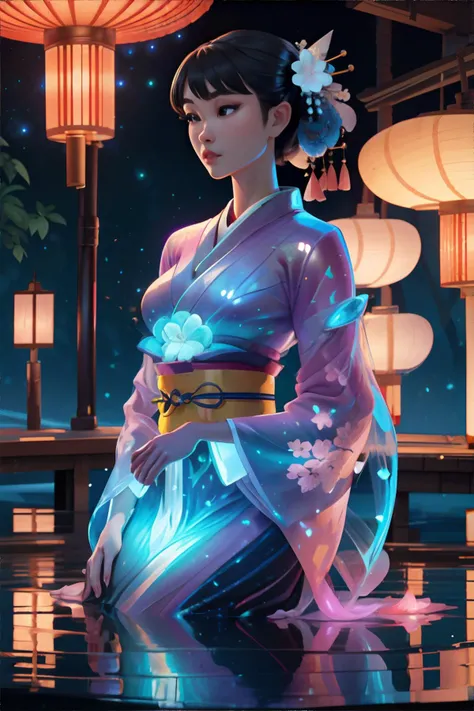 <lora:biolumdress:0.5>, beautiful woman wearing kimono style bioluminescent dress || masterpiece, 8k, high resolution, shallow depth of field, sharp focus
