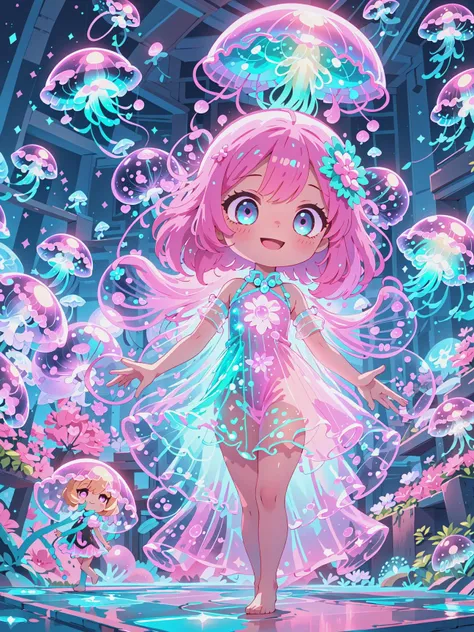 breathtaking 8k, masterpiece, adorable chibi jellyfish girl, pink bioluminescent dress, <lora:bioluminescent_dress-1.0:0.8>, short dress, wide skirt, cute, big smile