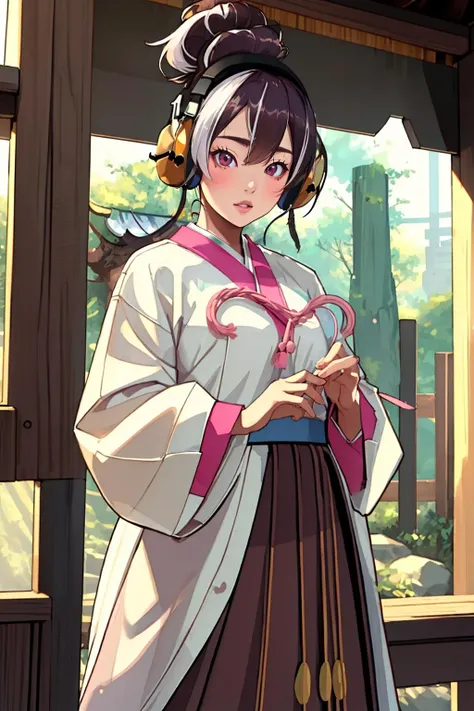 <lora:Kum:0.8> kumms, headphones, korean clothes , skirt , long skirt,cowboy shot, east asian architecture, bokeh, (masterpiece, best quality,highres, perfect hands), masterpiece,best quality,ultra-detailed,very detailed illustrations,extremely detailed,intricate details,highres,super complex details,extremely detailed 8k cg wallpaper